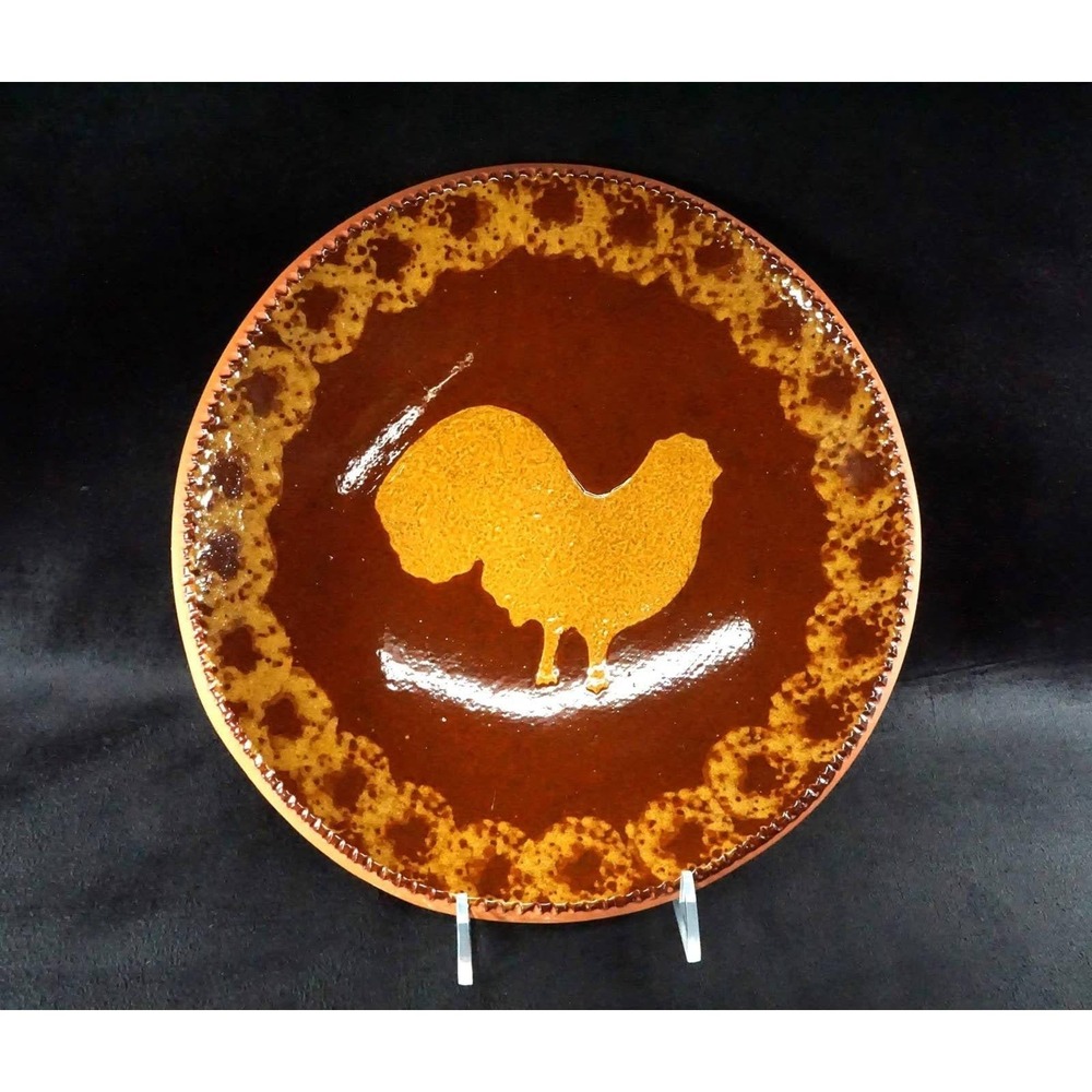 Vintage 1984 Redware Bowl with Rooster Design 9" Diameter C N Foltz Signed